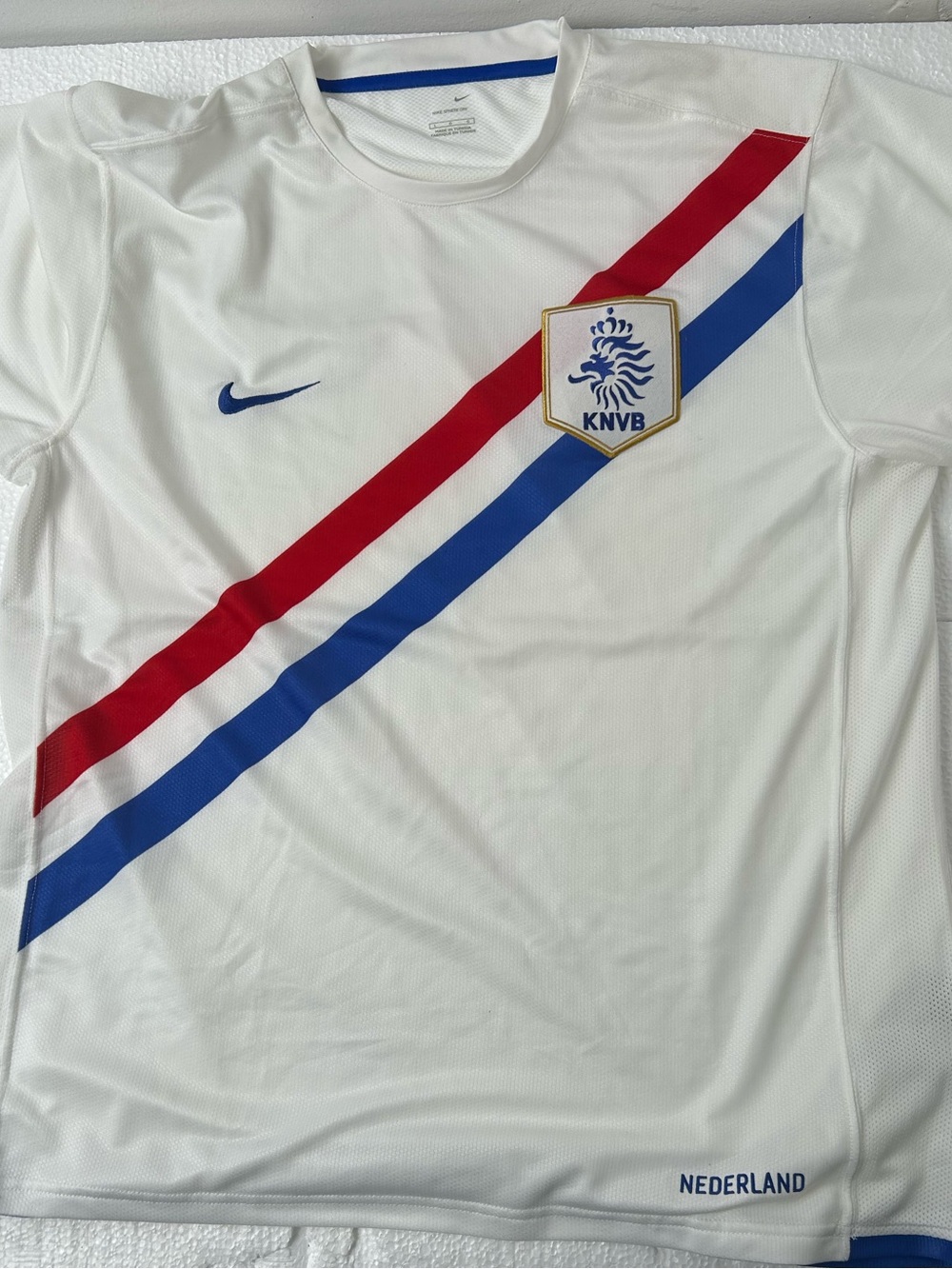 Nike mens White Netherlands Soccer Jersey with Red & Blue Diagonal Stripes
